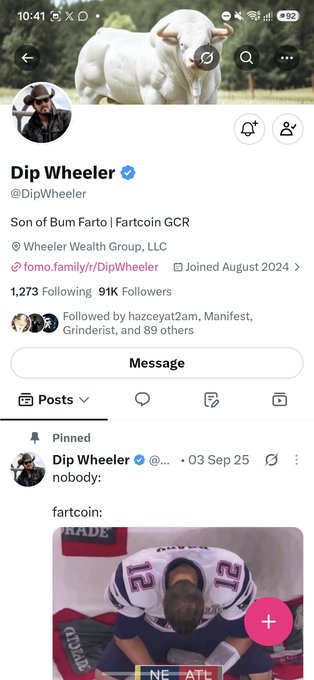 A Twitter/X profile page for 'Dip Wheeler (@DipWheeler)' affiliated with Wheeler Wealth Group LLC and Fartcoin GCR, with a bull profile picture and a pinned post about 'fartcoin'.