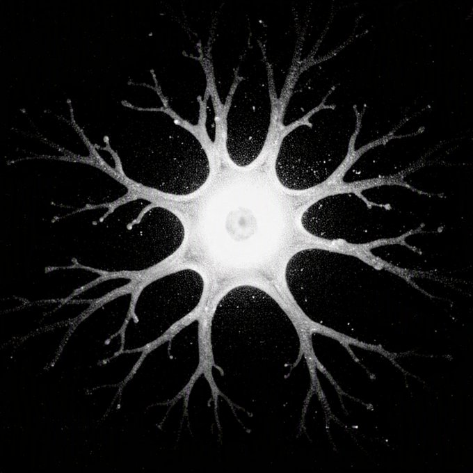 A black and white image of a neuron-like structure or retinal cell with branching dendrites radiating outward from a bright central point against a dark background.