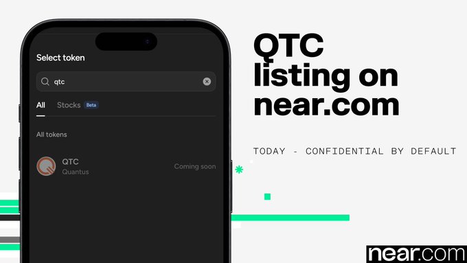 A mobile phone screenshot shows a token selection interface with "QTC Quantus" marked "Coming soon," paired with the announcement "$QTC listing on near.com" in bold black text and the "near.com" logo in the bottom right corner, visually reinforcing the post about Quantus Network's post-quantum asset QTC being listed on near.com today.