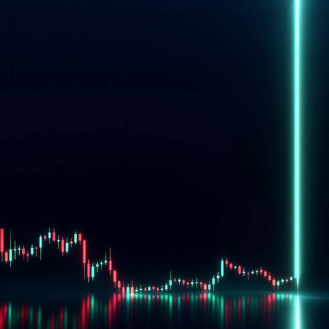 A digital stock chart displays red and green candlesticks against a dark background, featuring a bright vertical cyan light beam on the right side with reflections on the floor.