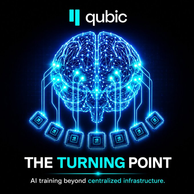 A promotional graphic for 'qubic' featuring a glowing blue digital brain connected to GPU chips, with tagline 'THE TURNING POINT — AI training beyond centralized infrastructure.'