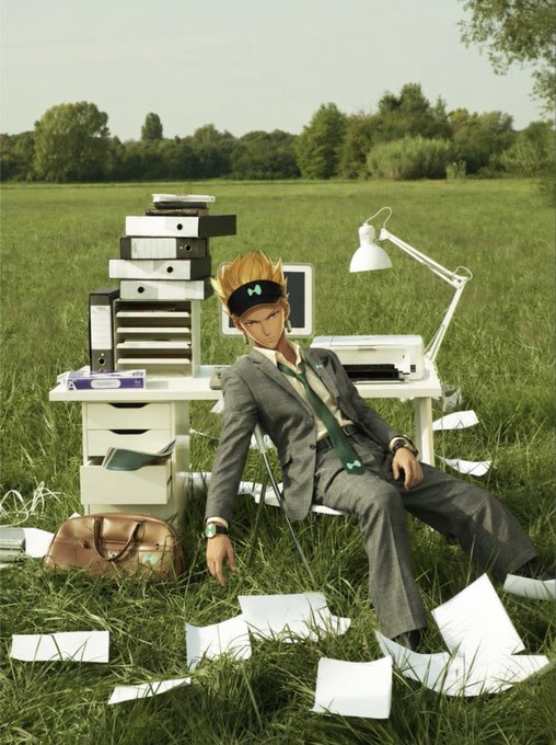 A surreal 3D render of a man in a suit and VR headset sitting in a grassy field next to a desk overflowing with binders and scattered papers.