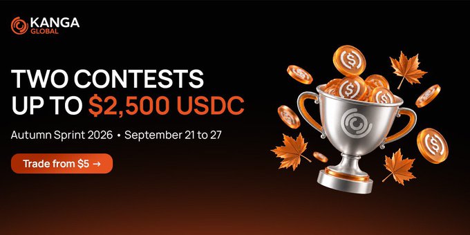 Kanga Global promotional banner for their "Autumn Sprint 2026" contest running September 21-27, advertising up to $2,500 USDC in prizes with a "Trade from $5" call-to-action, featuring a silver trophy overflowing with dollar-sign coins and orange autumn leaves.