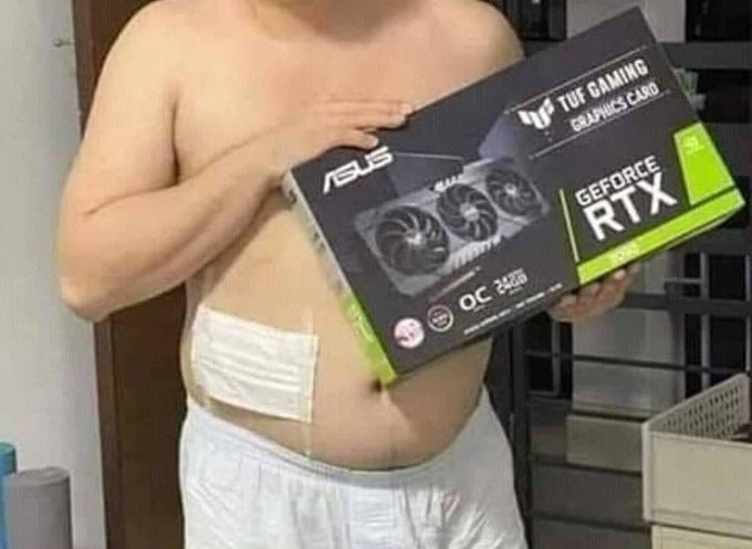 A shirtless man holds an ASUS TUF Gaming GeForce RTX 4090 OC graphics card box while showing a fresh surgical bandage on his abdomen, humorously illustrating the post's joke about trading 8 months of testnet farming for a $12 airdrop versus 8 minutes of surgery to obtain the high-end GPU.