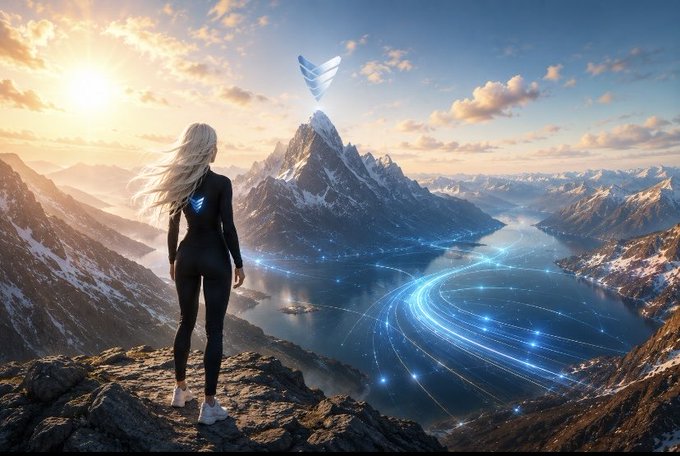 The image features a woman standing at the top of a cliff overlooking a beautiful mountain range under a blue sky with clouds. The scene suggests that she might be contemplating her life or reflecting on the world around her, as if she's lost in thought while gazing out over the landscape below.