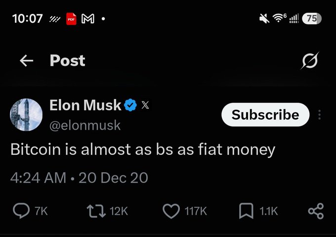 A Twitter/X post screenshot from Elon Musk (@elonmusk) reading 'Bitcoin is almost as bs as fiat money' dated '4:24 AM · 20 Dec 20' with 117K likes.