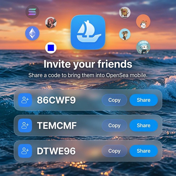 An OpenSea mobile referral page invites users to 'Invite your friends' with three share codes: 86CWF9, TEMCMF, and DTWE96, set against an ocean sunset background.