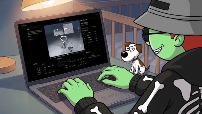 An animated illustration of a green-skinned character wearing a bucket hat and skeleton hoodie working on a laptop, with a small cartoon dog watching beside them.