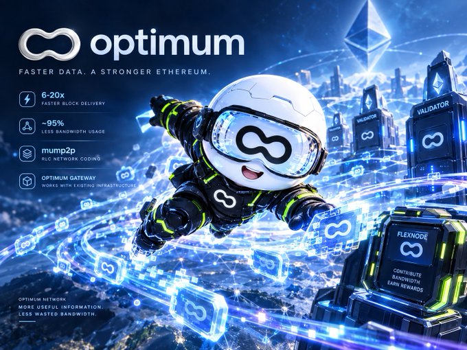 Promotional graphic for 'optimum' blockchain service with tagline 'FASTER DATA. A STRONGER ETHEREUM', featuring a character with infinity symbol helmet and features '6-20x FASTER BLOCK DELIVERY' and 'OPTIMUM GATEWAY'.