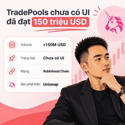 The graphic announces that TradePools has surpassed **150M USD** in volume on Robinhood Chain (developed by Uniswap) without yet having a UI. The image, featuring a thoughtful man in a black blazer beside a rocket and candlestick chart, visually emphasizes the project's surprise growth — large trading activity before any official interface has launched.