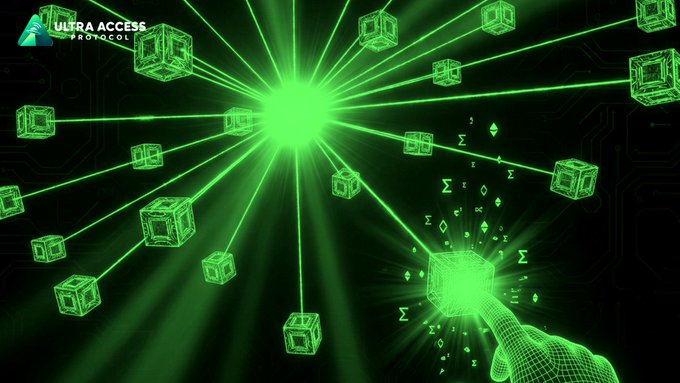 A green digital graphic showing interconnected cubes radiating from a central light, with a wireframe hand reaching toward a cube, labeled 'ULTRA ACCESS PROTOCOL' in the corner.