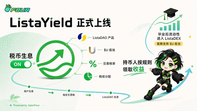 Promotional graphic for ListaYield launch, featuring 'ListaYield 正式上线' (ListaYield officially launched), listing features like ListaDAO product, $U 底池, 交易稅率, and 税收分配, powered by OpenFour with mascot in green/black outfit.