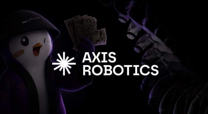 A stylized graphic for 'AXIS ROBOTICS' shows a white mascot character wearing a dark cap and holding money, with a mechanical spine structure beside the logo against a dark background.