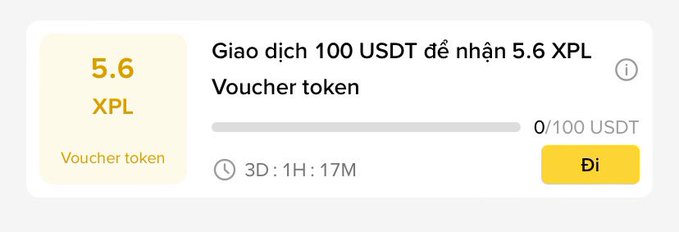 A transaction interface in Vietnamese showing 'Giao dịch 100 USDT để nhận 5.6 XPL Voucher token' with a progress bar at 0/100 USDT.