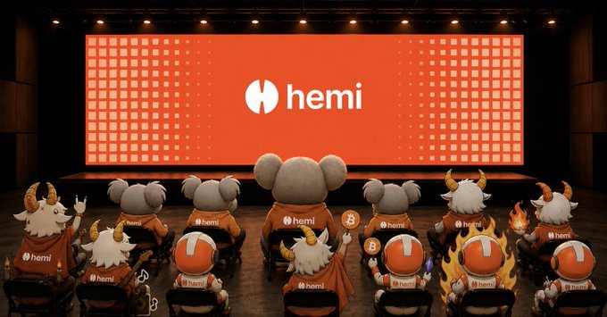 A group of cartoon characters wearing "hemi" shirts gather in an auditorium watching a large screen displaying the "hemi" logo, visually representing the Hemi network community. The image ties into the post's message about Hemi's "Proof of Proof" concept, positioning Hemi as a next-generation layer that secures not just itself but the broader ecosystem beyond Bitcoin's base Proof of Work.