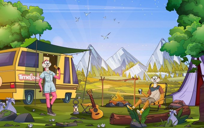 A cartoon campsite scene shows two characters—one standing by a yellow camper van labeled "timesoul" and another relaxing in a chair by a campfire with a guitar nearby—set against a mountainous backdrop. The image illustrates the post's theme of building consistency through a gamified mindfulness experience, with the campfire setting evoking the calm, routine-building nature of TimeSoul's sessions.