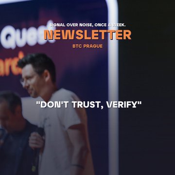 A bearded man speaks at the BTC Prague conference, with the iconic Bitcoin phrase "Don't trust, verify" prominently displayed alongside "Newsletter" branding. The image ties to the post's message about Coldcard's firmware vulnerability, underscoring the importance of verification even when following security best practices.