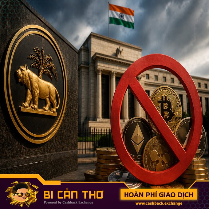A graphic depicting cryptocurrency prohibition in India, showing the Reserve Bank of India emblem, the Indian flag, and a red prohibition symbol over Bitcoin and Ethereum coins, branded by 'BÍ CẨN THƠ'.