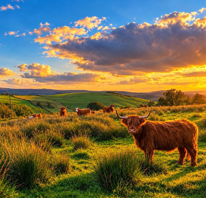 A scenic landscape at sunset featuring highland cattle with long horns grazing in a grassy field, with rolling green hills and a colorful cloudy sky in the background.