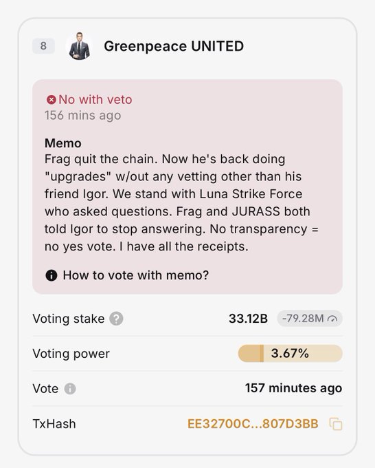 A screenshot of a voting memo from "Greenpeace UNITED" (validator #8) voting "No with veto" 157 minutes ago against proposal 807D3BB on the LUNC/Terra Classic blockchain, citing lack of transparency and coordinated efforts by allies Frag, JURASS, and Luna Strike Force to silence dissenting voices. The image supports the post's call for delegators to reassess their support for validators who prioritize transparency and accountability over internal division.