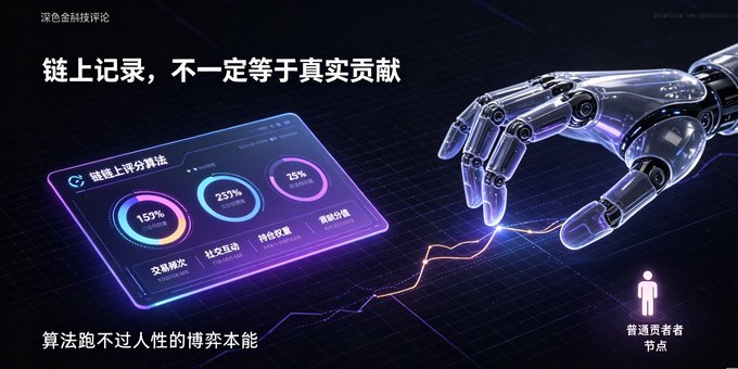 A dark-themed Chinese promotional graphic with the headline '链上记录, 不一定等于真实贡献' (On-chain records don't necessarily equal real contributions), featuring a robotic hand pointing at a dashboard showing metrics (19%, 23%, 25%) and a human figure labeled '普通贡献者节点' (ordinary contributor node).