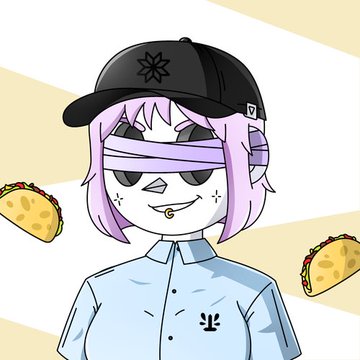 A digital illustration of a pink-haired character wearing a black baseball cap, a light blue button-up shirt with a logo, face bandages, and cross-mark eyes, with tacos floating on either side.