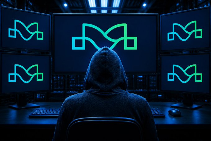 A hooded figure viewed from behind sits at a multi-monitor setup displaying a glowing teal infinity-like logo on each screen in a dark room.