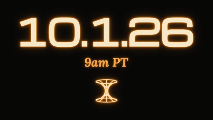 A black screen displaying glowing orange text that reads '10.1.26' and '9am PT', above an hourglass icon.