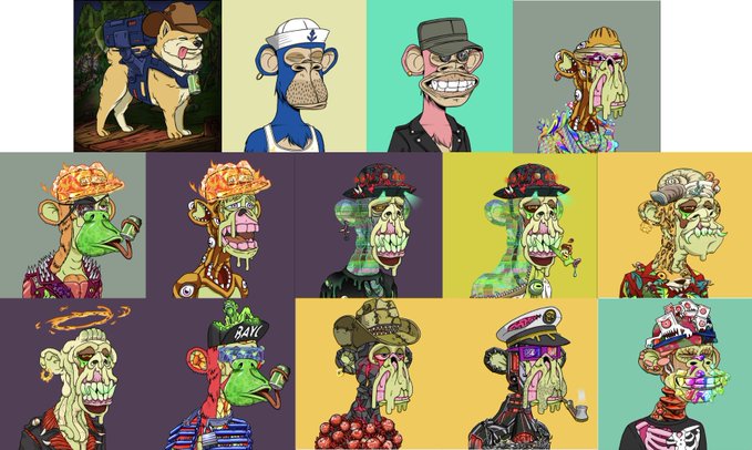 The image features a grid of twelve different cartoon monkey characters, each with unique clothing styles and accessories. The monkeys are arranged in two rows of six, creating an organized and visually appealing layout. The background color of the image is purple, which complements the colorful attire of the cartoon monkeys. The post includes text that reads "Touching grass and chilling, can't help but admire them in the background. Wondering am I the only one experiencing this #BAYC phenomenon?" This suggests that there might be a social media trend or a popular meme related to these monkey characters, with people sharing their appreciation for the unique outfits and designs of the cartoon monkeys.
