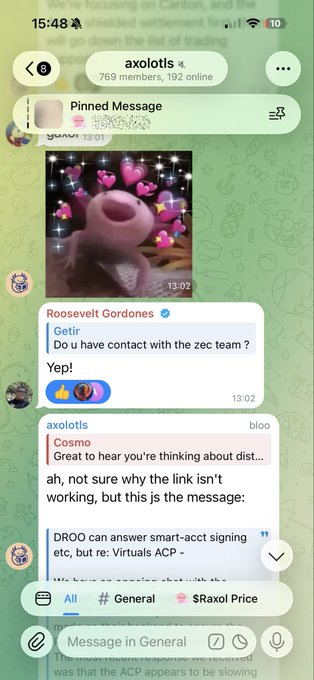 A Telegram chat screenshot showing messages about crypto topics including references to 'DROO' and 'ACP', with users like 'Roosevelt Gordones' and 'axolotls' chatting in a general channel.