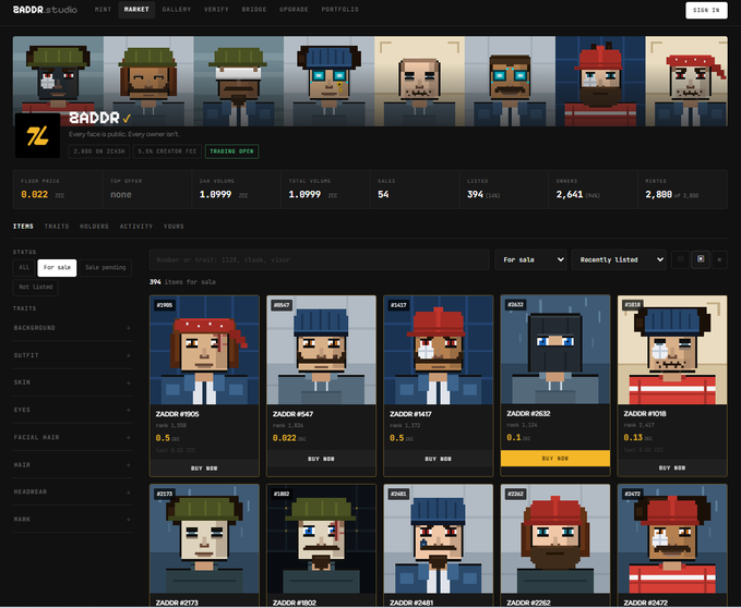 A screenshot of the 'BADDR.studio' NFT marketplace interface, displaying pixel-art character avatars from a collection called 'ZADOR' for sale, with various traits and prices visible.