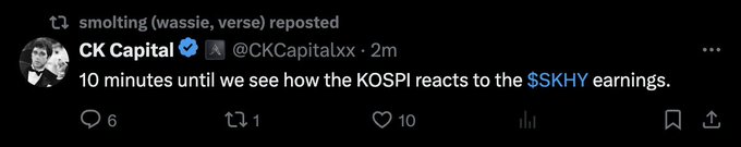 A reposted tweet by CK Capital (@CKCapitalxx) reads, "10 minutes until we see how the KOSPI reacts to the $SKHY earnings," with 6 replies, 1 repost, and 10 likes. The image captures crypto Twitter's attention on Korean markets via the SK Hynix ($SKHY) earnings report, tying into the commentary about users attempting to influence Korea's KOSPI index through leveraged trading.