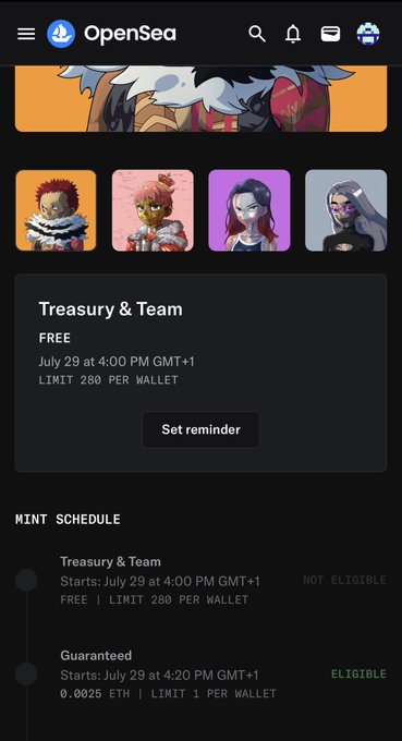 A mobile screenshot of the OpenSea app shows an NFT mint schedule for a "Treasury & Team" collection and a "Guaranteed" mint starting July 29.