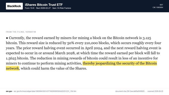 A SEC filing for iShares Bitcoin Trust ETF (IBIT) by BlackRock highlighting text about mining rewards being reduced by 50% every 210,000 blocks, with the phrase 'thereby jeopardizing the security of the Bitcoin network' highlighted in yellow.