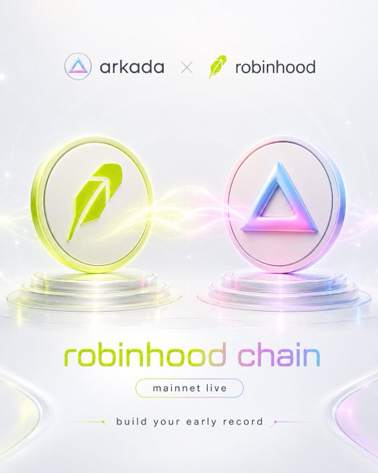 A promotional graphic showing a partnership between 'arkada' and 'robinhood' with their logos, text reading 'robinhood chain', 'mainnet live', and 'build your early record' on a glowing 3D background.
