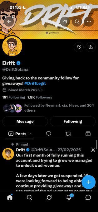 A Twitter/X profile page for Drift (@DriftSolana), a verified account with 7.8K followers and 161 following, sharing a pinned post about giving back through #DriftLegit giveaways.
