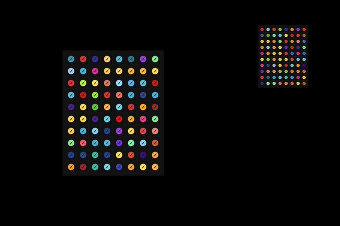 Two displays featuring grids of colorful checkmark icons in various colors on black backgrounds, with the left being larger and the right being smaller.