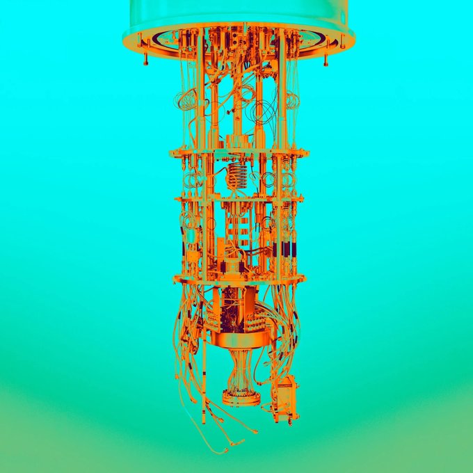 A quantum computing dilution refrigerator, rendered in striking orange and teal tones, suspended against a gradient background—evoking the advanced cryogenic technology required for quantum computing that could potentially access modern crypto wallets but leave Satoshi Nakamoto's original 1.1M BTC unrecoverable due to its non-seed-based design.
