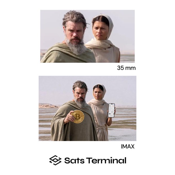 A side-by-side comparison shows the same shot at 35mm and IMAX framing, where zooming out reveals a bearded man in robes holding a Bitcoin coin and a woman holding a smartphone displaying the Sats Terminal app—visually reinforcing the post's message that zooming out reveals Bitcoin has always been at the center of the story. The "Sats Terminal" branding appears at the bottom.
