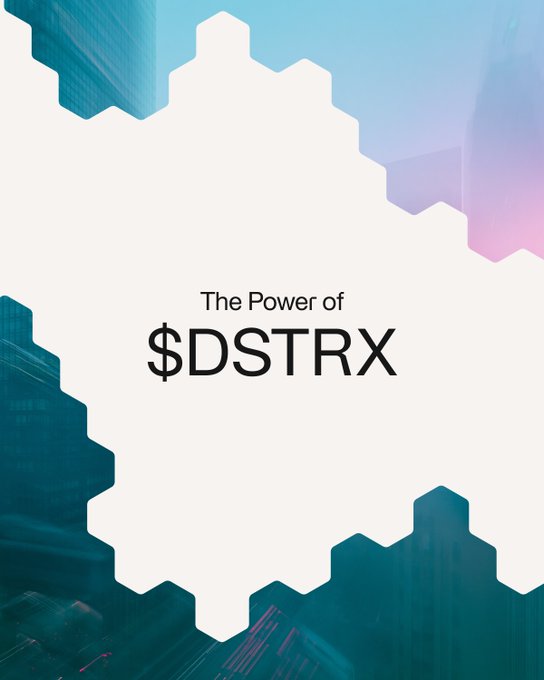 A minimalist graphic with the text 'The Power of $DSTRX' displayed on a white central shape against a background of stylized teal and blue skyscrapers.