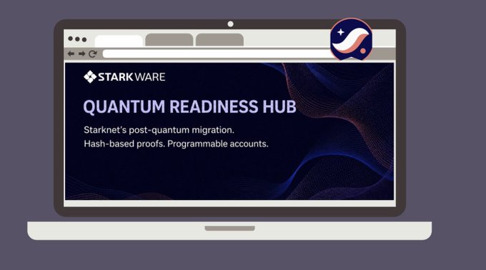 A stylized laptop illustration displaying a StarkWare page titled “QUANTUM READINESS HUB,” with the subtext “Starknet’s post-quantum migration. Hash-based proofs. Programmable accounts.”