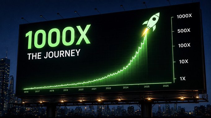 A billboard at night displays a green line graph showing exponential growth from 2016 to 2026, labeled '1000X THE JOURNEY' with a rocket ship icon reaching toward the 1000X mark.