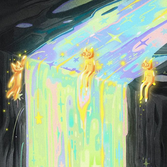 Three glowing golden cats—one sitting on a rocky cliff, one floating mid-fall, and one perched on the opposite ledge—are set against a dreamy, iridescent waterfall backdrop filled with pastel stars, visually echoing the post's claim that $CETS has transcended its ticker to become a recognizable cultural symbol placed across imaginative new worlds.