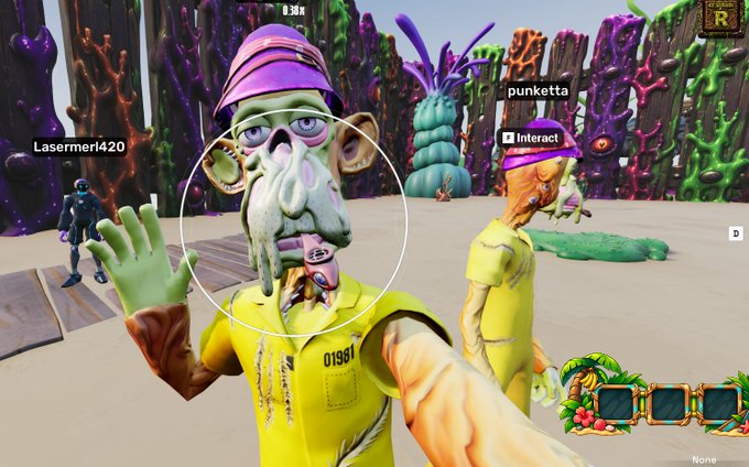 A first-person view in a virtual reality game shows an interaction prompt circle around a bizarre green-skinned zombie character wearing a yellow shirt and purple bucket hat; usernames 'Lasermer1420' and 'punketta' are visible.