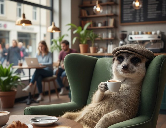 The image features a brown and white cat sitting comfortably in an armchair, holding a cup of coffee with its paws. The cat appears to be enjoying its time indoors, possibly at a cafe or similar setting. In the background, there are several people seated around tables, engaged in various activities such as using laptops and eating pastries like croissants. A potted plant can also be seen near one of the tables. The image seems to be promoting an idea related to computer hardware and energy conservation, suggesting that unused computers could be used for powering real workloads or contributing to a global decentralized computing network while earning rewards in return.