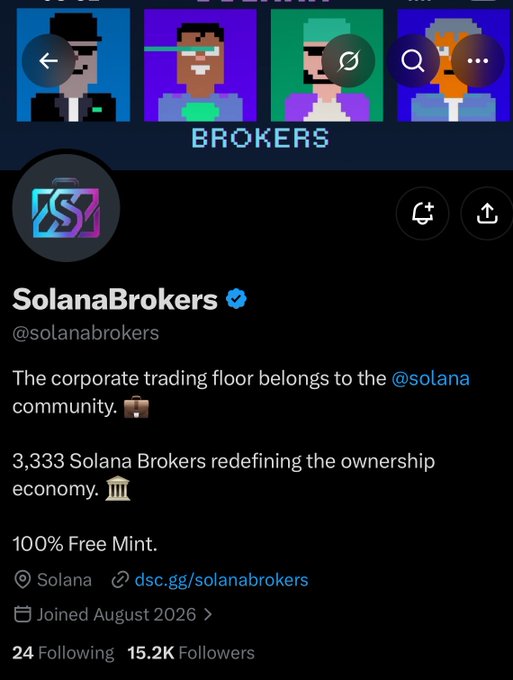 A Twitter/X profile page for 'SolanaBrokers' (@solanabrokers), describing it as 'The corporate trading floor belongs to the @solana community' with 15.2K Followers and a free mint link.