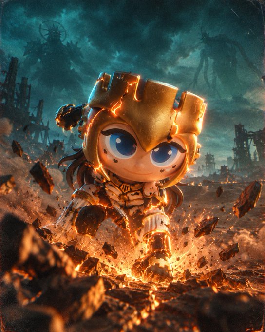 A chibi-style digital artwork of a character in golden armor bursting dramatically from a fiery, crumbling battlefield under a dark teal sky, with shadowy figures lurking in the background.