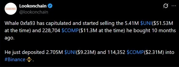 The image shows a screenshot of a Twitter post by @Lookchain. The post contains text about Whale OXFAC, which is a company that has accumulated over $62M in UNI and $11.3M in COMP. The post also mentions that the wallet is starting to capitulate, depositing millions into Whale's account at the time of writing. The post concludes by stating that this big wallet doesn't mean it's smart money, as it has already started depreciating over $62M in UNI and $11.3M in COMP.