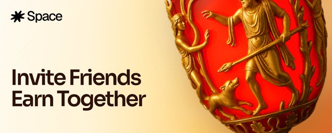 The image displays a promotional banner for "Space" with the text "Invite Friends Earn Together" alongside an ornate gold emblem depicting classical figures and a dog on a red background. It visually supports the referral program message, encouraging users to invite friends to earn Space Points together through into.space.