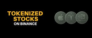 The image features three coins, two of which are silver and one is gold. The text "TOKENIZED STOCKS ON BINANCE" is displayed above the coins, indicating that these coins can be tokenized into digital assets or cryptocurrencies.